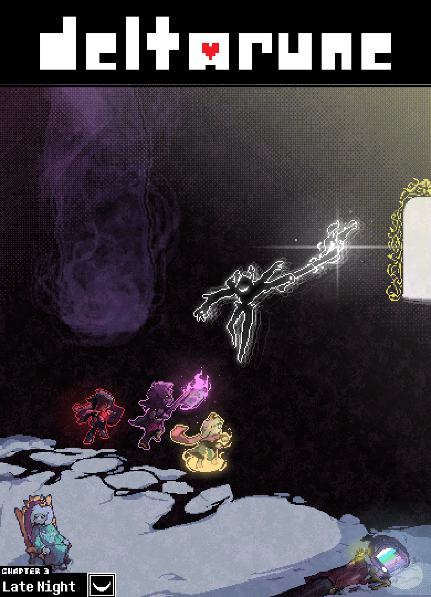 Cover of 'deltarune' with characters and a glowing staff on a dark background